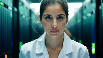 Woman IT specialist engineer system administrator server room backend software hardware female girl security cloud computing AI training expert specialist technology data analyst network video