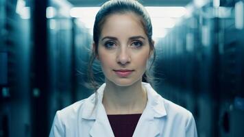 Woman IT specialist engineer system administrator server room backend software hardware female girl security cloud computing AI training expert specialist technology data analyst network video