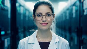 Woman IT specialist engineer system administrator server room backend software hardware female girl security cloud computing AI training expert specialist technology data analyst network video