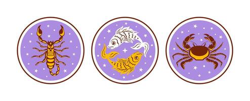 Artistic Illustrations of Zodiac Signs Scorpio, Pisces and Cancer with celestial themes in vibrant colors, capture their essence. celestial objects, mystical, space, predict, future, trigon the water vector