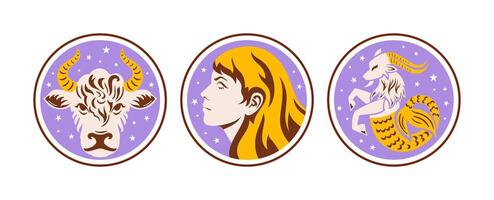Artistic Illustrations of Zodiac Signs Taurus, Virgo, and Capricorn with celestial themes in vibrant colors, capture their essence. celestial objects, mystical space, predict, future. trigon the earth vector