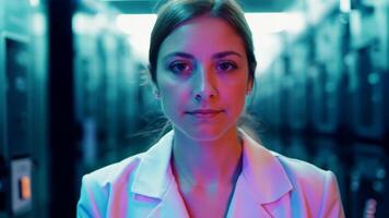 Woman IT specialist engineer system administrator server room backend software hardware female girl security cloud computing AI training expert specialist technology data analyst network video