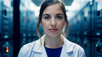 Woman IT specialist engineer system administrator server room backend software hardware female girl security cloud computing AI training expert specialist technology data analyst network video