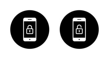 Lock and unlock on cellphone screen icon on black circle. Mobile phone with padlock sign symbol vector
