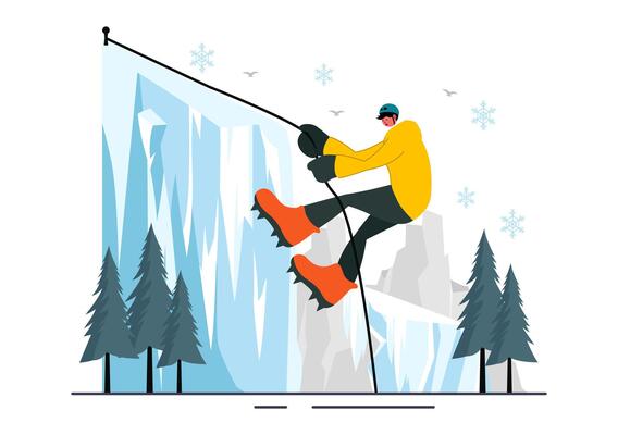Ice Climbing Sport Featuring Climber with Axes Overlooking Mountains