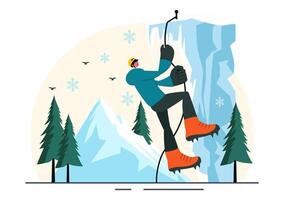 Art of Climber Scaling Ice Wall Using Mountaineering Tools and Crampons vector