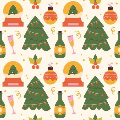 Christmas retro pattern. snow globe, Christmas tree, glass, wine