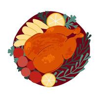 Roast turkey on a platter with vegetables. Top view. Color image. vector