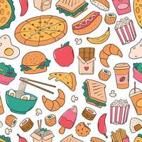 Fast food seamless pattern with doodles for wallpaper, scrapbooking, stationary, backgrounds, textile prints, wrapping paper, packaging, etc. EPS 10 vector