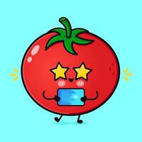 Tomato with smartphone character. hand drawn cartoon kawaii character illustration icon. Isolated on blue background. Tomato character concept vector