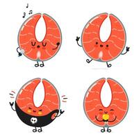 Funny Red fish salmon characters bundle set. hand drawn doodle style cartoon character illustration icon design. Cute Red fish salmon mascot character collection vector