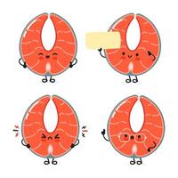 Funny Red fish salmon characters bundle set. hand drawn doodle style cartoon character illustration icon design. Cute Red fish salmon mascot character collection vector