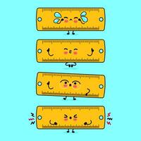 Funny cute happy Ruler characters bundle set. hand drawn doodle style cartoon character illustration. Isolated on blue background. Ruler mascot character collection vector