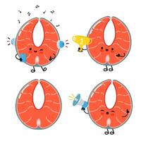 Funny Red fish salmon characters bundle set. hand drawn doodle style cartoon character illustration icon design. Cute Red fish salmon mascot character collection vector