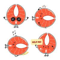 Funny Red fish salmon characters bundle set. hand drawn doodle style cartoon character illustration icon design. Cute Red fish salmon mascot character collection vector