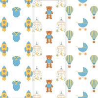 Baby shower set of seamless patterns. It's a boy. Seamless patterns with overalls, rocket, air balloon, baby carriage, carousel pendant, teddy bear toy. vector
