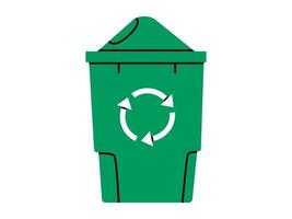 Hand drawn cute cartoon illustration of green garbage can with wheel. Flat recycling trash bin, environmental pollution design in doodle style. Ecology sticker, icon. Waste sorting. Isolated. vector