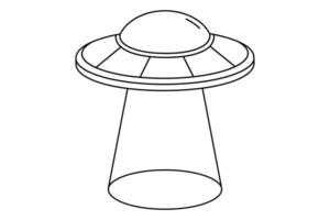 Hand drawn cute outline illustration UFO with light ray. Flat alien space ship line art doodle. Flying saucer. Unidentified flying object. System error 404 icon. Not found mistake. Isolated. vector
