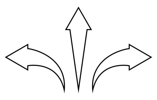 arrow shape symbol set - pointed arrow pointing to the left, right and straight forward, black and white silhouette illustration, isolated on white background
