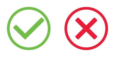 green tick and red x in circle, OK check mark and X cross icon symbol, illustration isolated on a white background vector