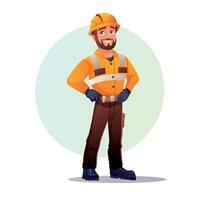Man with a smile on his face. In a builder or worker uniform in a helmet. vector
