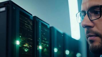 IT specialist fixing server rack glowing LED engineer system administrator backend software hardware security cloud computing AI training expert specialist technology data center network video