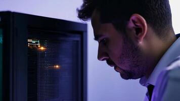 IT specialist fixing server rack glowing LED engineer system administrator backend software hardware security cloud computing AI training expert specialist technology data center network video