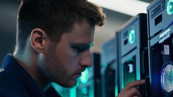IT specialist fixing server rack glowing LED engineer system administrator backend software hardware security cloud computing AI training expert specialist technology data center network video