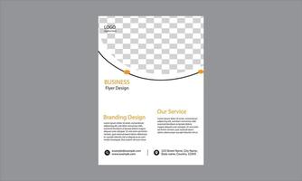 Business flyer template. It features a modern design with an upper section for a logo and tagline,The flyer has a color scheme of orange, gray, and white with geometric patterns on the right side. vector