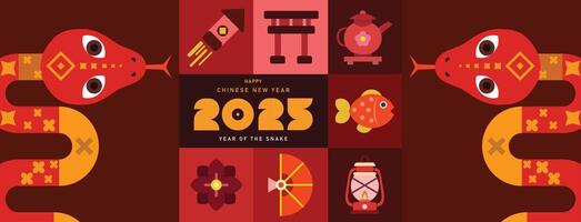 2025 Chinese new year, year of the snake template design with snake, modern design in red, gold colors for card, banner. Flyer Template, Chinese zodiac Snake symbol. vector