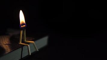 Two burning matches in the form of people are sitting on a book. The concept of love. video