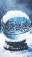 Snow globe resting on frosty surface with snow falling photo