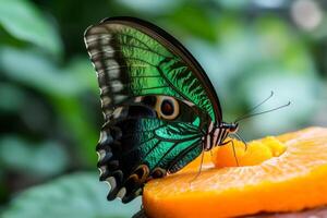 Beautiful malachite butterfly eating from a slice of orange photo