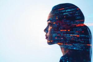 Young woman profile overlaid with streaming data representing artificial intelligence photo