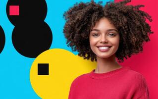 Beautiful woman smiling with colorful background with geometric shapes photo
