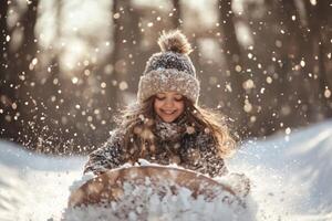 Cute smiling girl sledding down a snowy hill in a sunny winter day photo