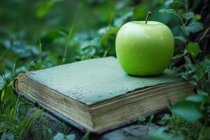 Green apple resting on top of an old book outdoors photo