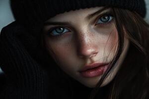 Attractive young woman with freckles is posing wearing winter clothes photo