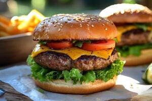 Delicious cheeseburger with lettuce and tomatoes served on paper with french fries in background photo