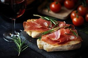 Delicious italian appetizer with cured ham and a glass of red wine photo