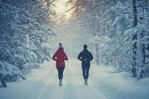 Couple running in snowy forest during winter training photo