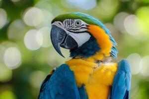 Blue and yellow macaw posing on a sunny day photo