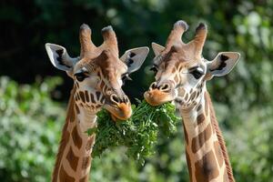 Two giraffes sharing food eating green leaves together photo