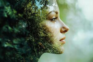 Woman face merging with green forest double exposure portrait photo