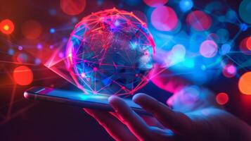 Businessman holding smartphone with hologram of digital world expanding from it photo