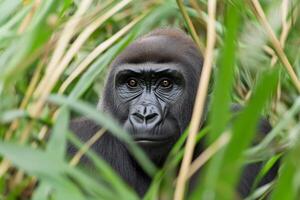 Western lowland gorilla hiding in dense vegetation photo
