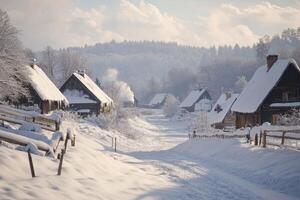 Smoke rising from chimneys in snow covered village photo