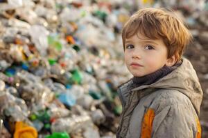 Young boy standing by a pile of plastic looking concerned about pollution photo