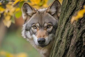 Eurasian wolf hiding behind tree trunk in forest photo