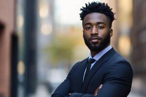 Confident businessman crossing arms in city setting photo